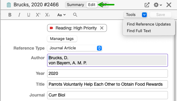 Image of the Edit panel in the Reference panel
